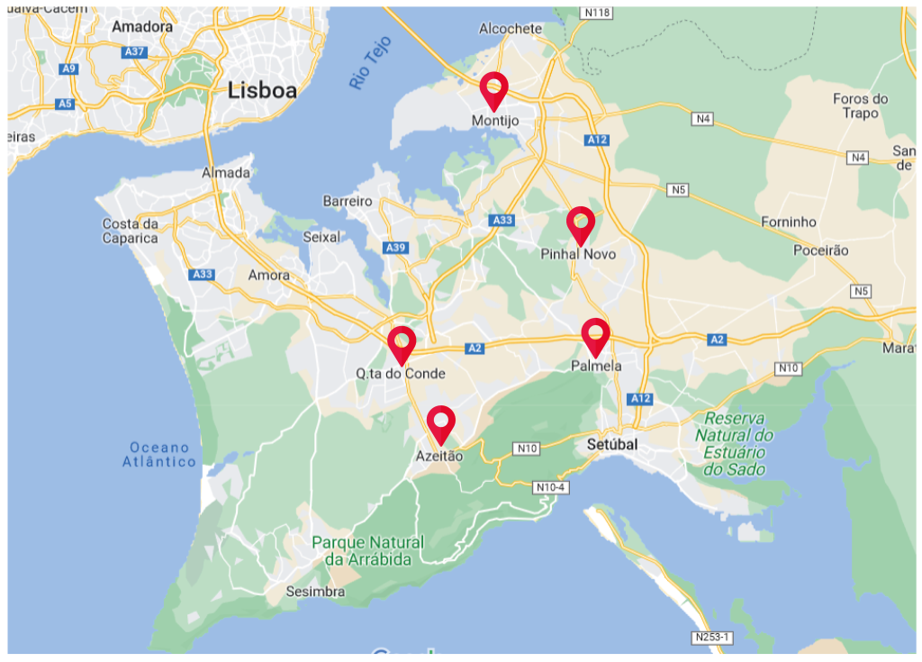 Mapa das Áreas de Atuação da Trusty Tails: Montijo, Palmela, Quinta do Anjo, Azeitão, Quinta do Conde, Pinhal Novo